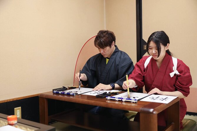 Learning Zen of Japanese Calligraphy in kimono near Osaka Castle - Creating the final calligraphy piece