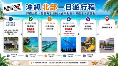 (Okinawa’s No. 1 Popular Northern Day Trip) Chinese-speaking guide · Includes admission tickets · 1 person can book: Churaumi Aquarium · Cape Manzamo · Kouri Island · American Village