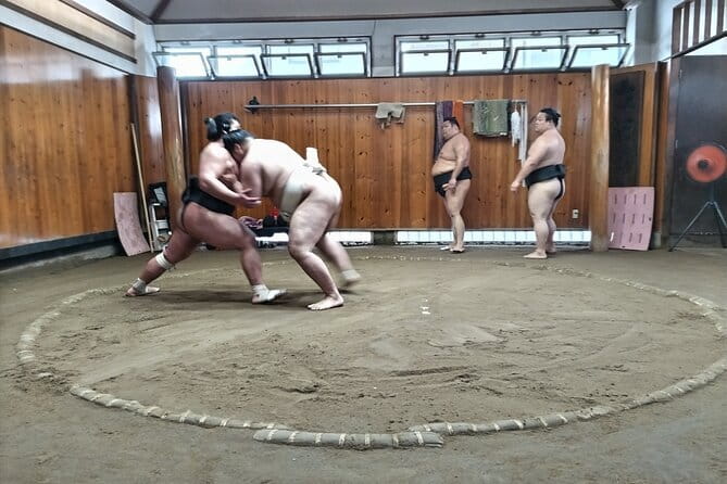 Sumo Practice Viewing Guided Tour and Photo with Sumo Wrestlers - A 10-minute lesson before the wrestlers begin