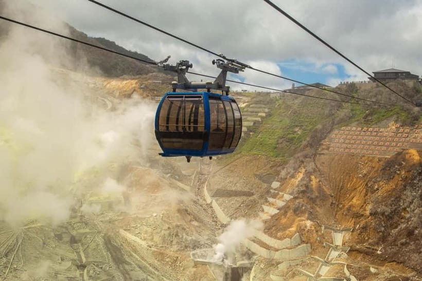 Tokyo:Sea of Mount Fuji, Hakone Ropeway, Ōwakudani, Enoshima - Riding above Owakudani on the Hakone Ropeway