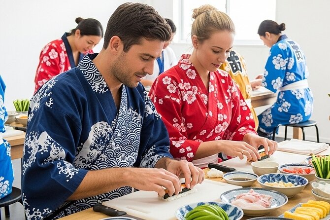 Tokyo Sushi Making Class : Sake Ceremony & Matcha Experience - The torch comes out for salmon mayo gunkan